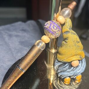Whimsical Emperor Bead and Natural Stone Pen with Glitter Accents. Black ink.